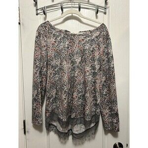 Laura Conrad Floral Top w/ Lace Hem & Back Ribbon Tie Gray Pink Sz large Blouse